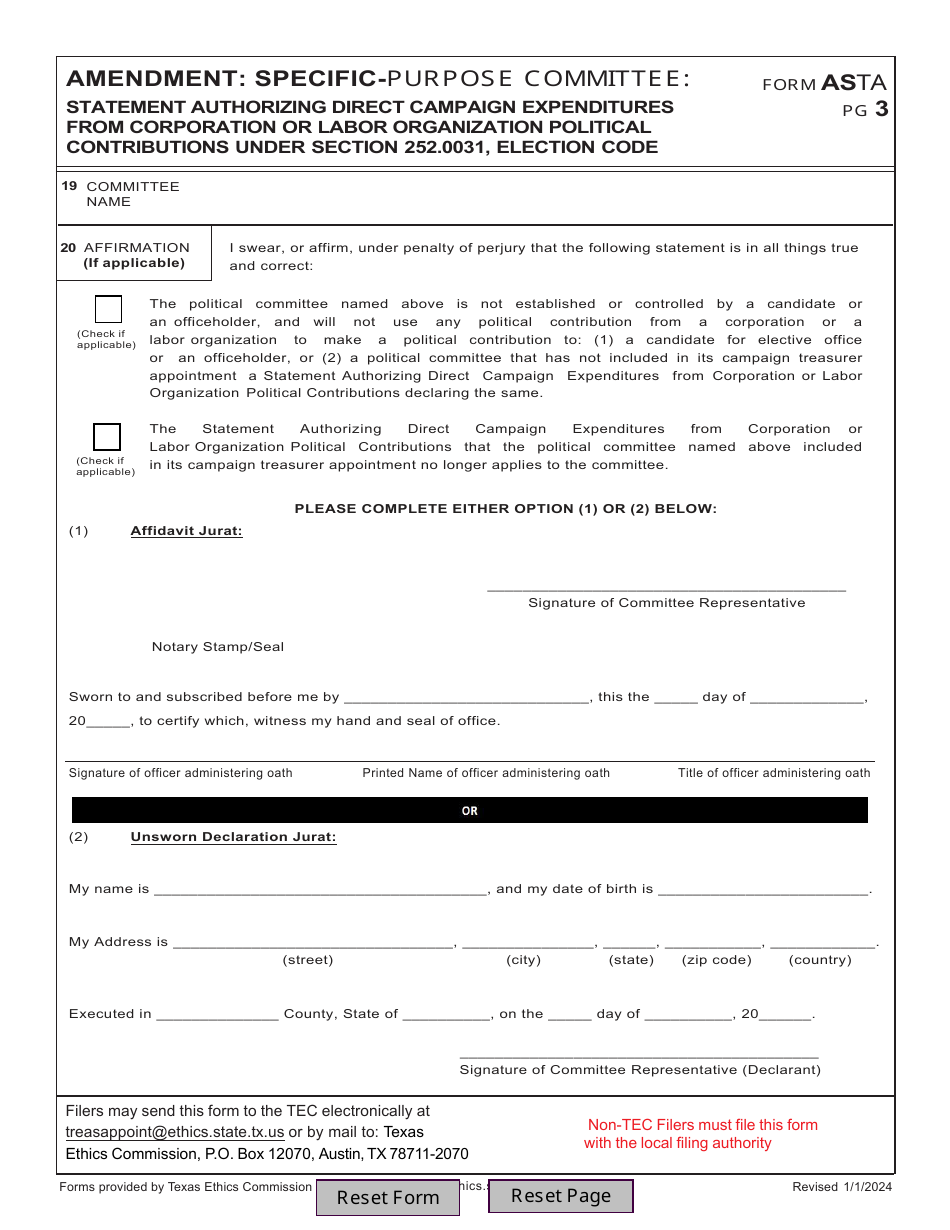 Form ASTA Amendment: Appointment of a Campaign Treasurer by a Specific-Purpose Committee - Texas, Page 3