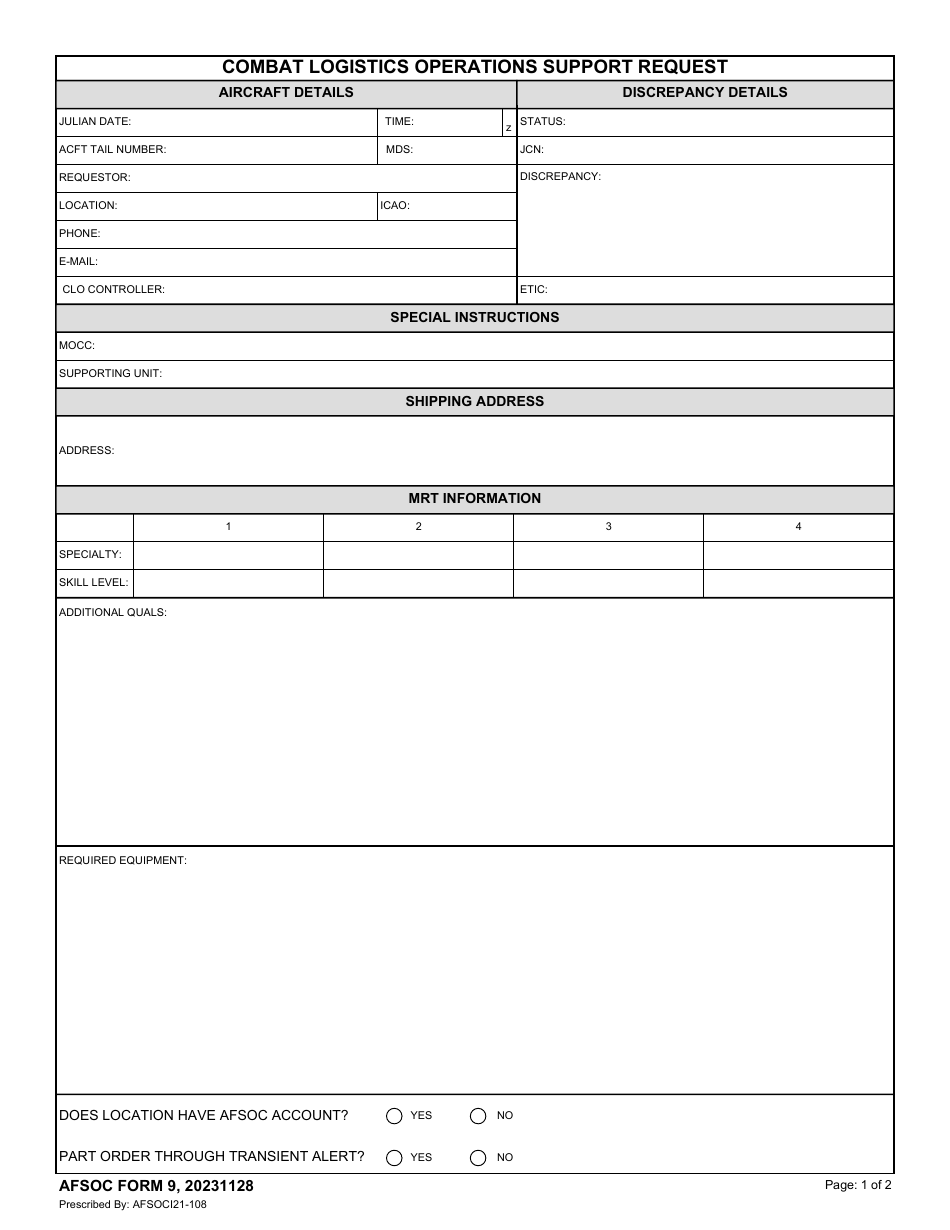 AFSOC Form 9 Combat Logistics Operations Support Request, Page 1