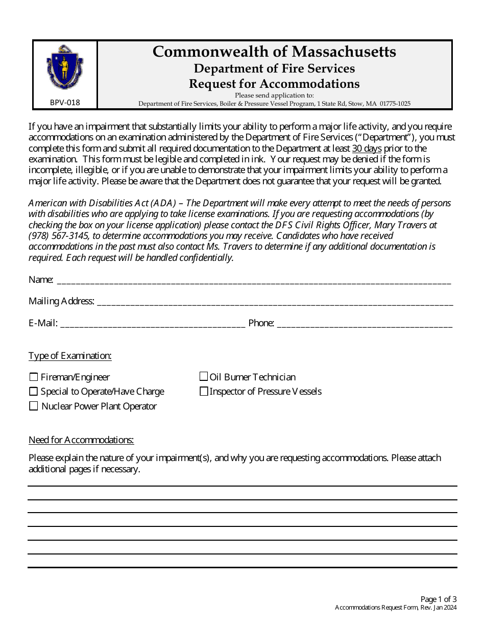 Form BPV-018 Request for Accommodations - Massachusetts, Page 1