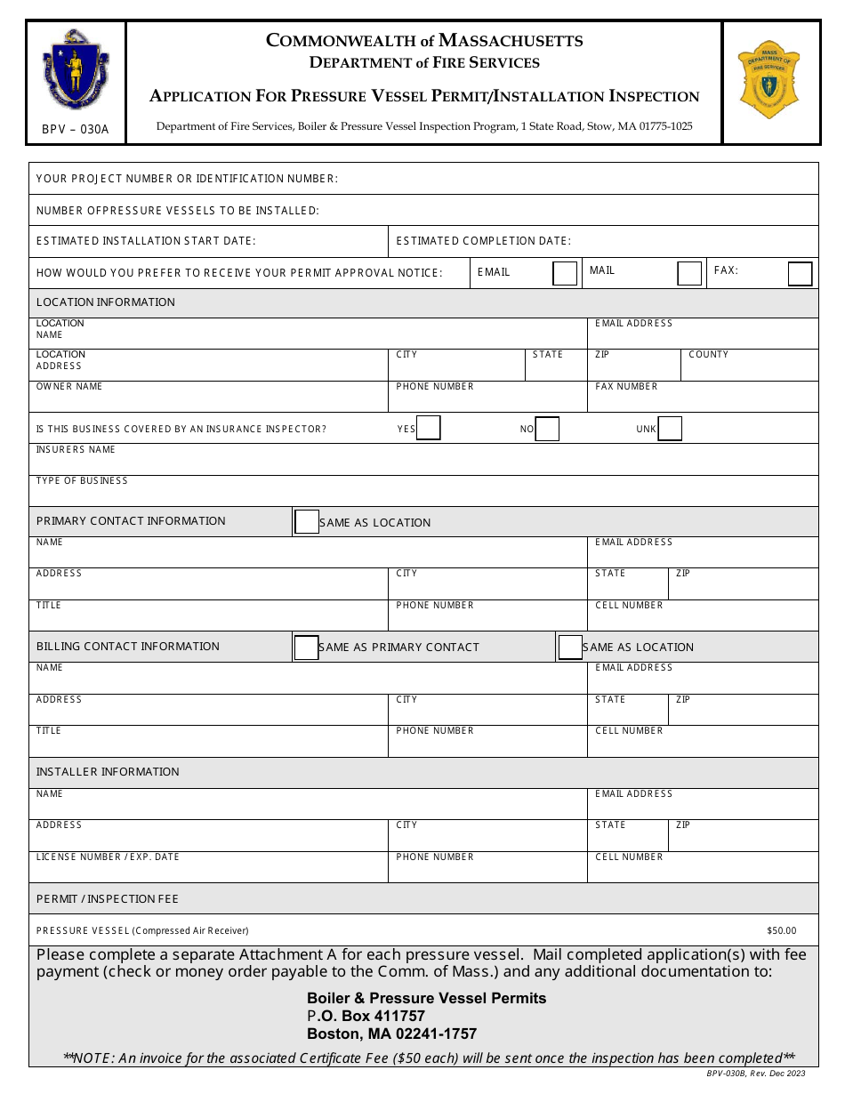 Form BPV-030A Download Fillable PDF or Fill Online Application for ...