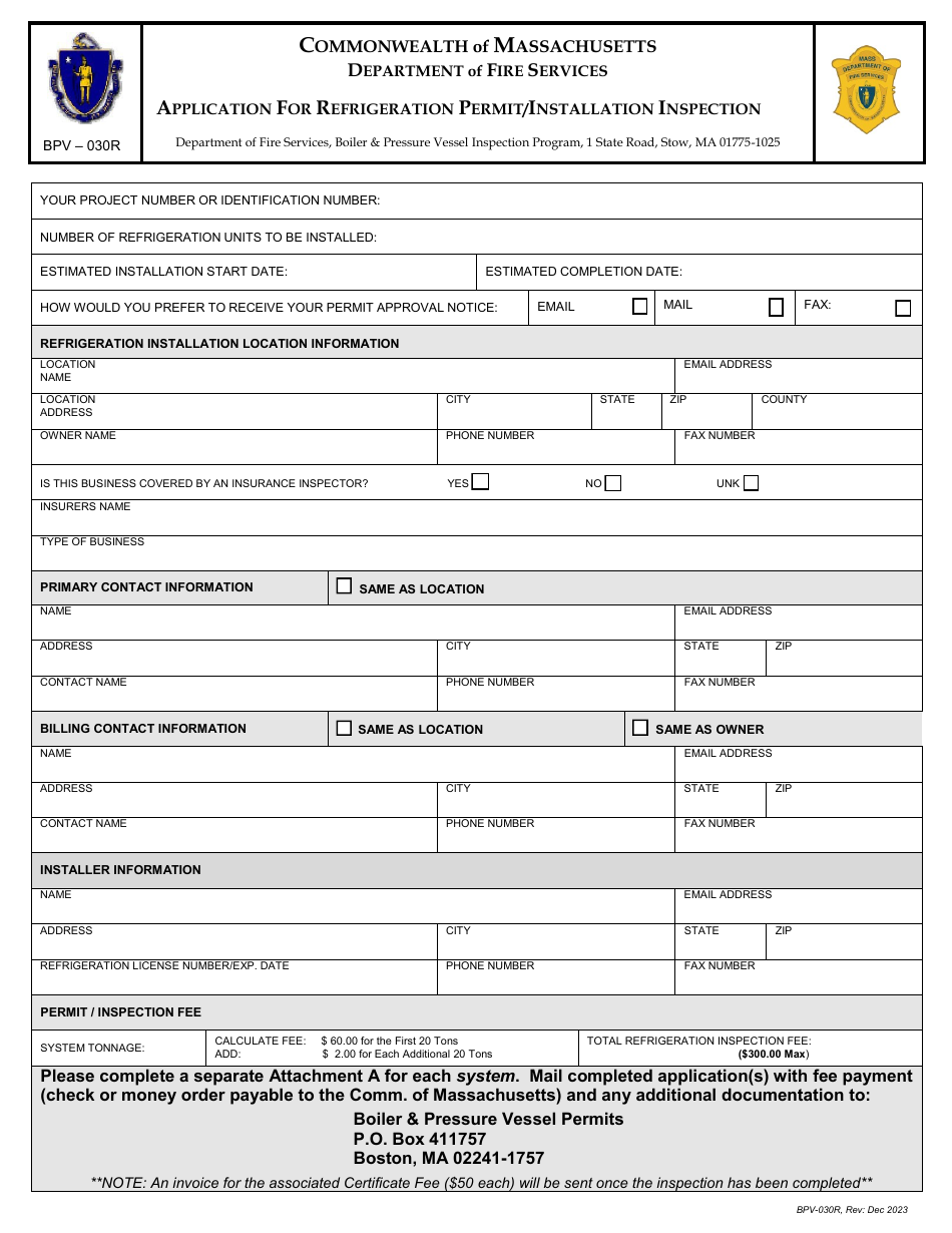 Form BPV-030R Application for Refrigeration Permit / Installation Inspection - Massachusetts, Page 1