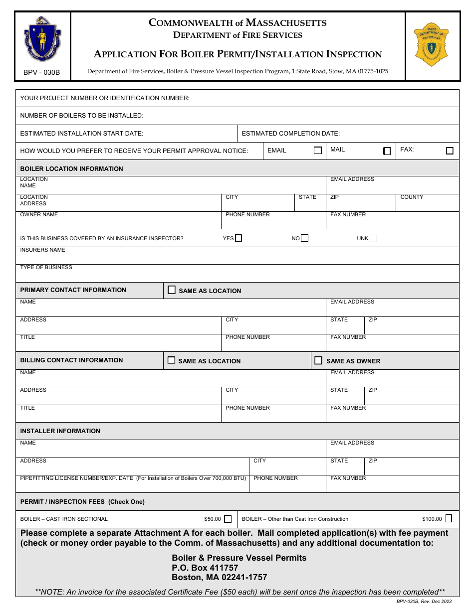 Form BPV-030B Application for Boiler Permit / Installation Inspection - Massachusetts, Page 1