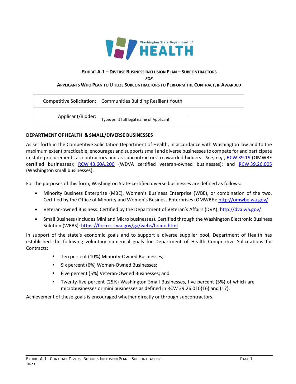 Exhibit A-1 Contract Diverse Business Inclusion Plan - Subcontractors - Washington, Page 1