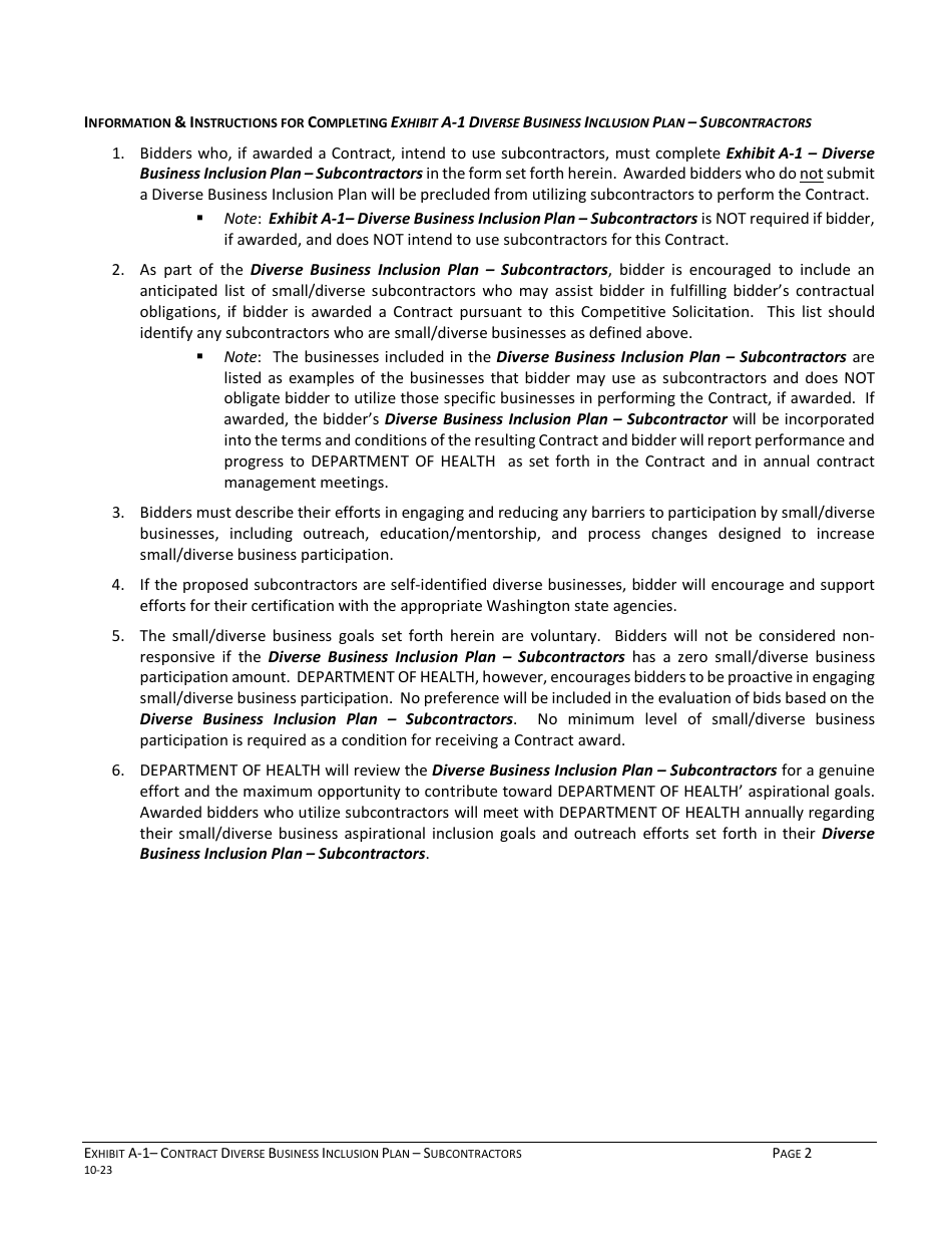 Exhibit A-1 Contract Diverse Business Inclusion Plan - Subcontractors - Washington, Page 2