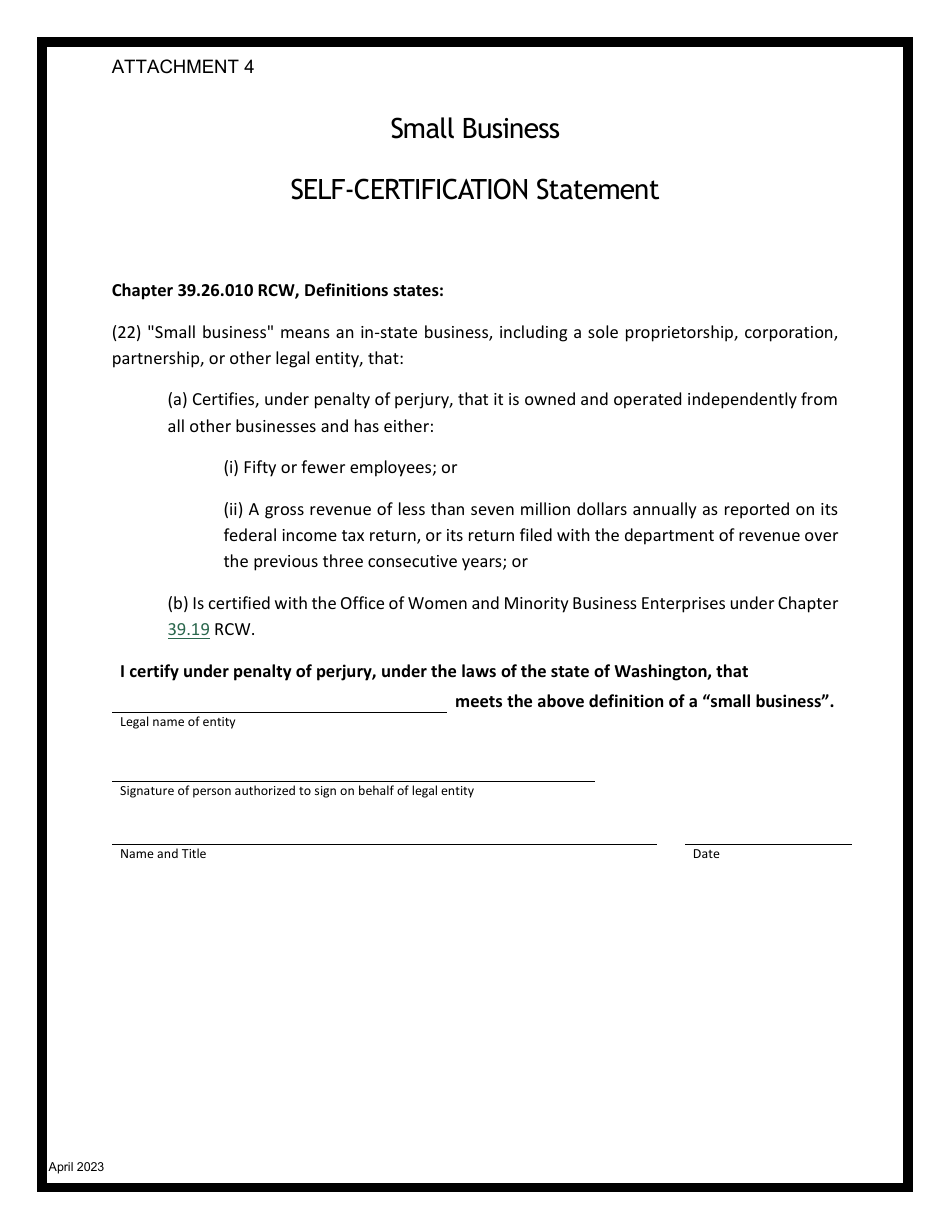 Attachment 4 Small Business Self-certification Statement - Washington, Page 1