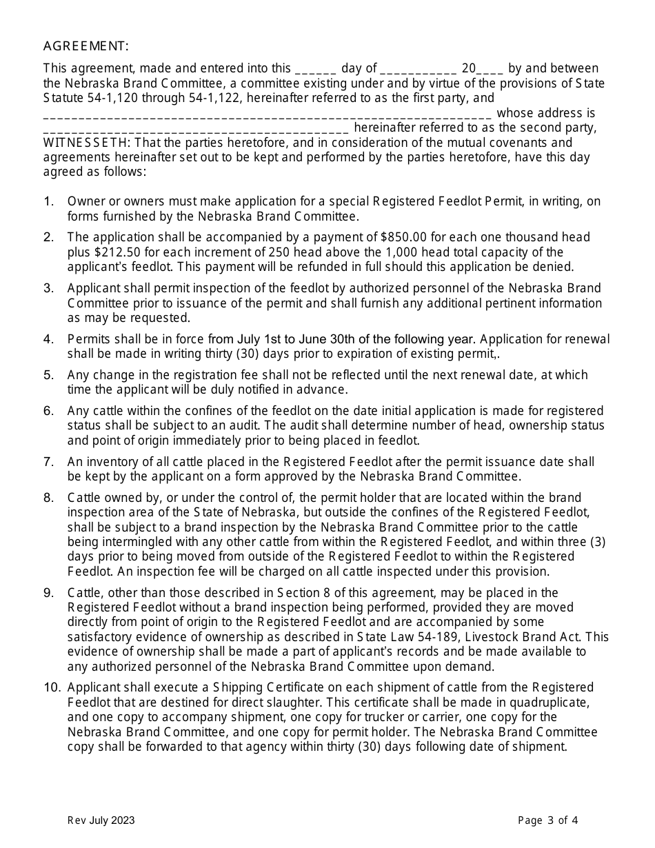 Application and Agreement for Permit to Operate a Registered Feedlot - Nebraska, Page 3