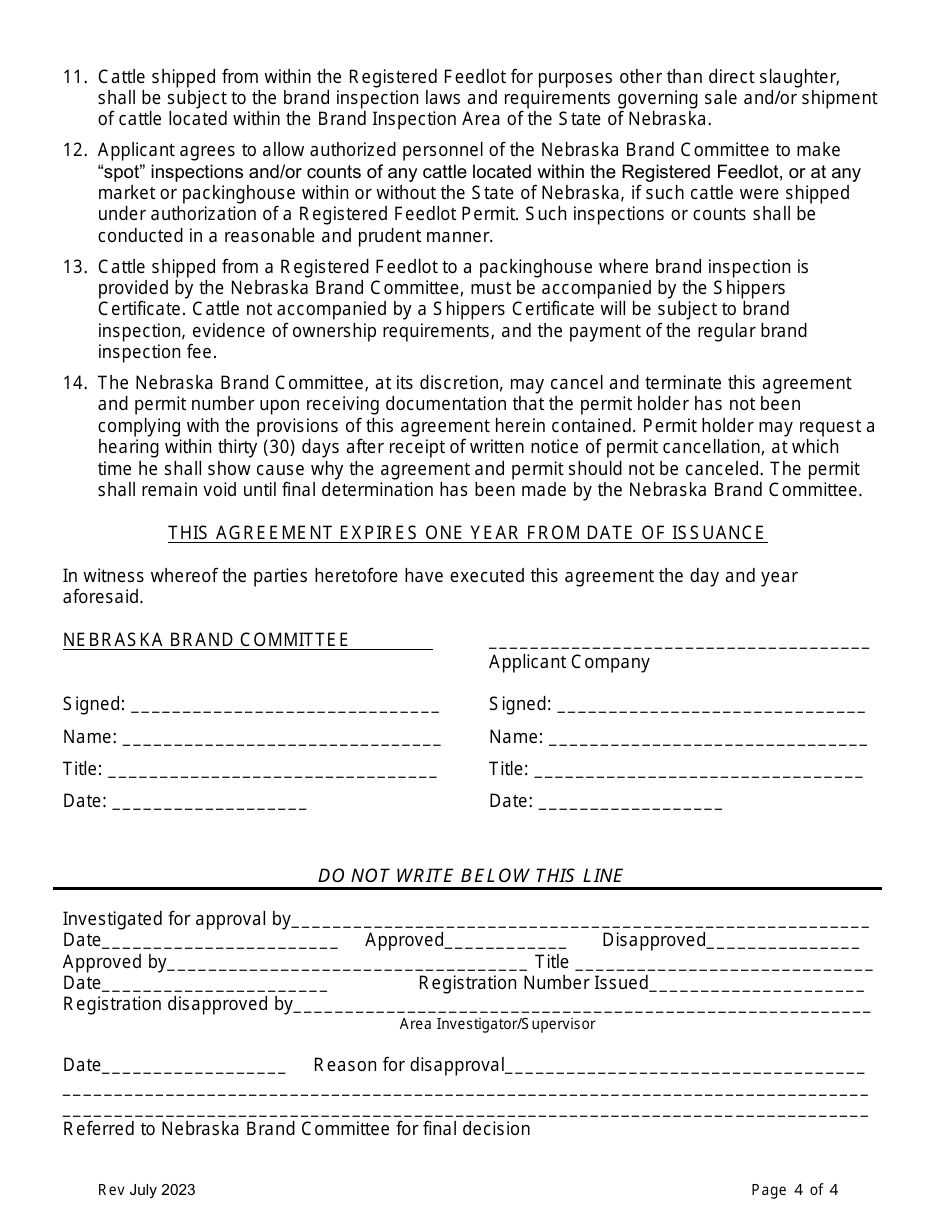 Nebraska Application and Agreement for Permit to Operate a Registered ...