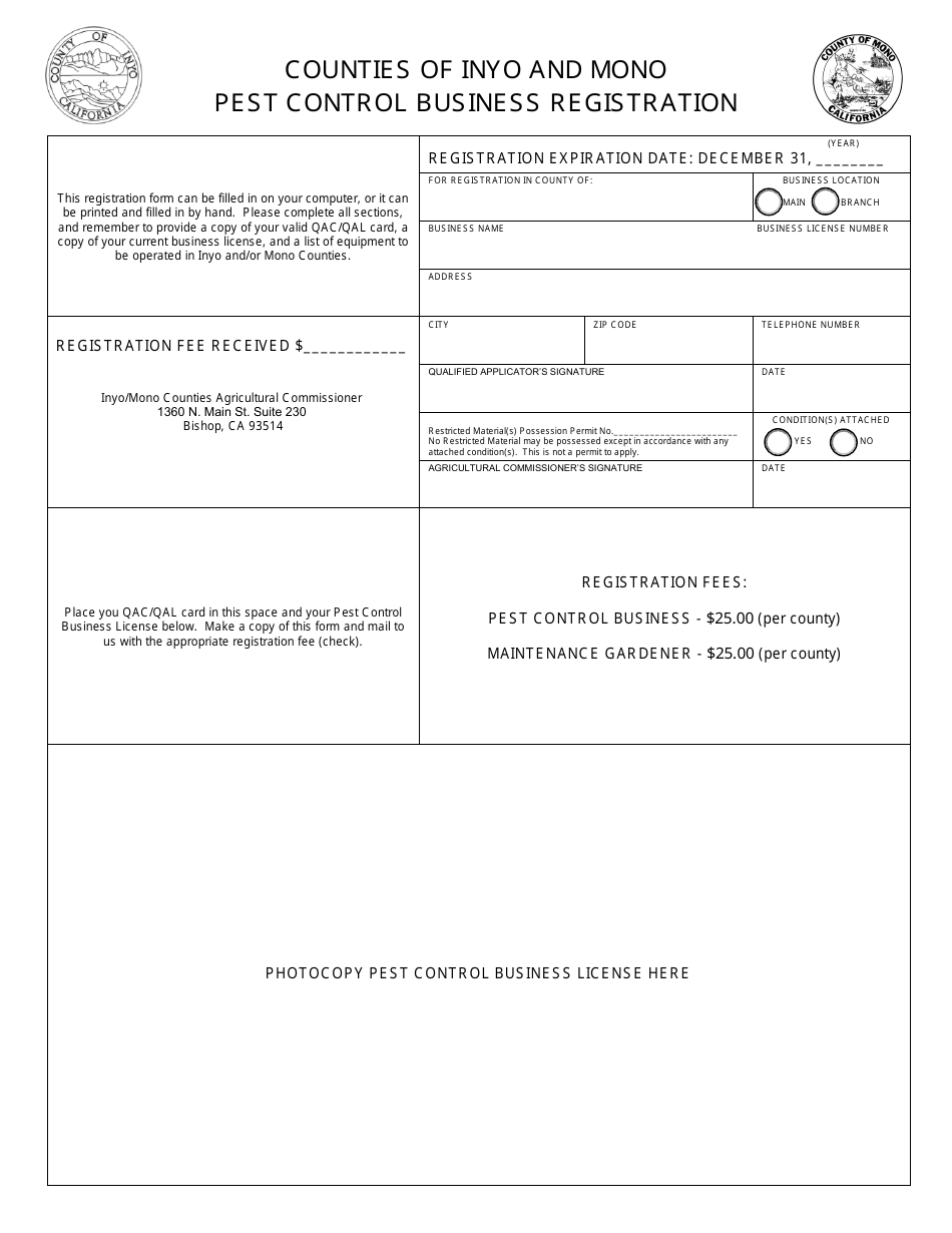 Inyo County, California Pest Control Business Registration Fill Out