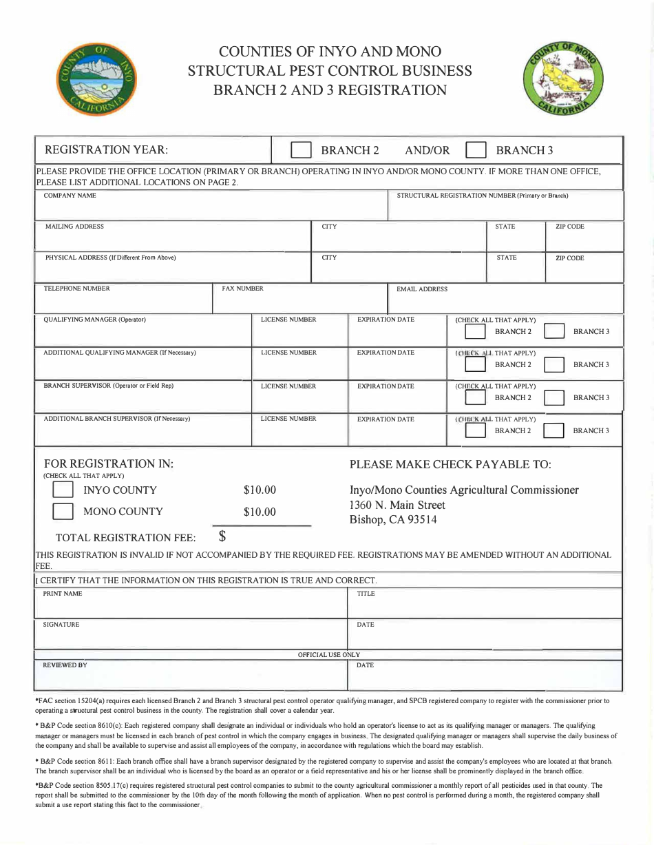 Structural Pest Control Business Branch 2 and 3 Registration - Inyo County, California, Page 1