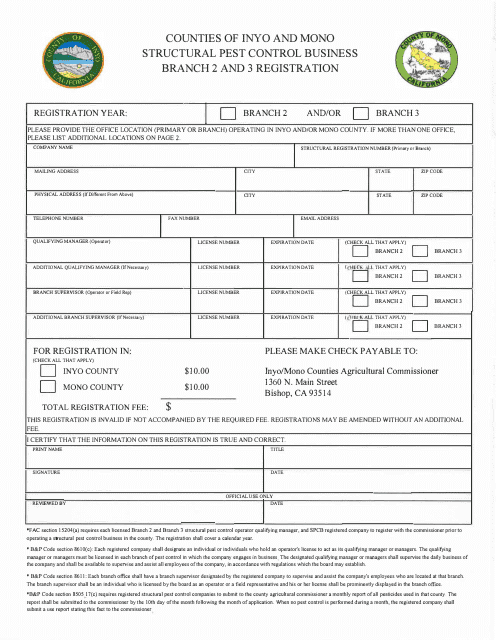 Structural Pest Control Business Branch 2 and 3 Registration - Inyo County, California Download Pdf