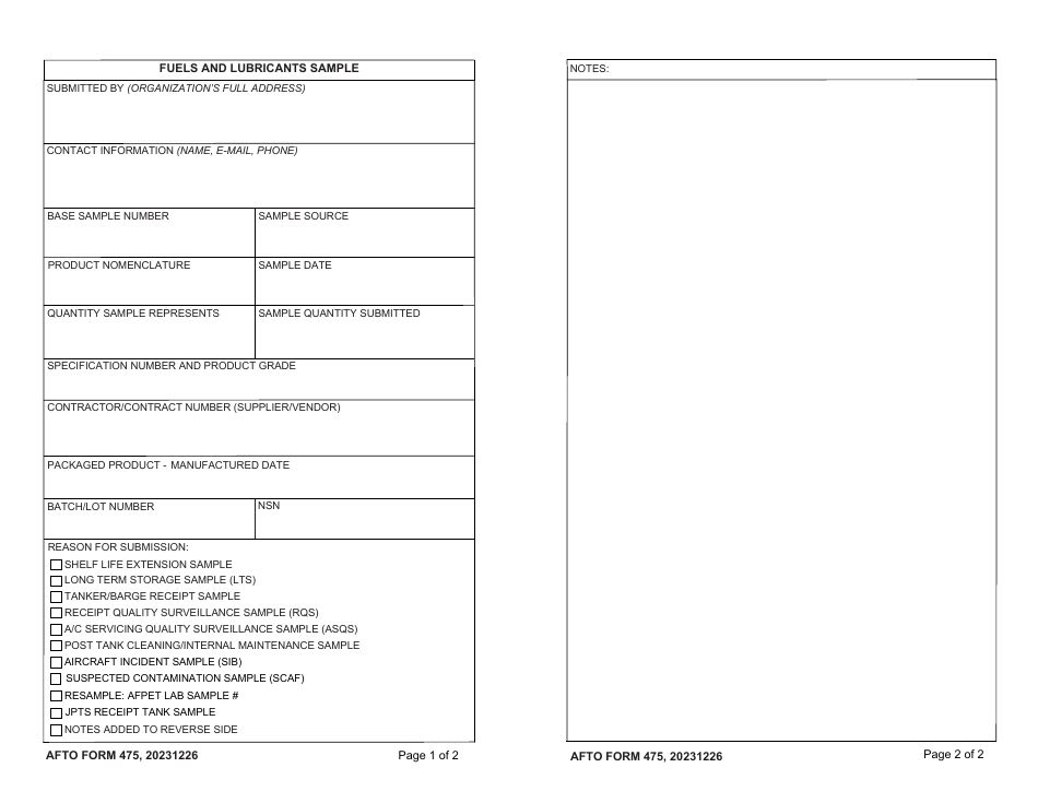 AFTO Form 475 Fuels and Lubricants Sample, Page 1