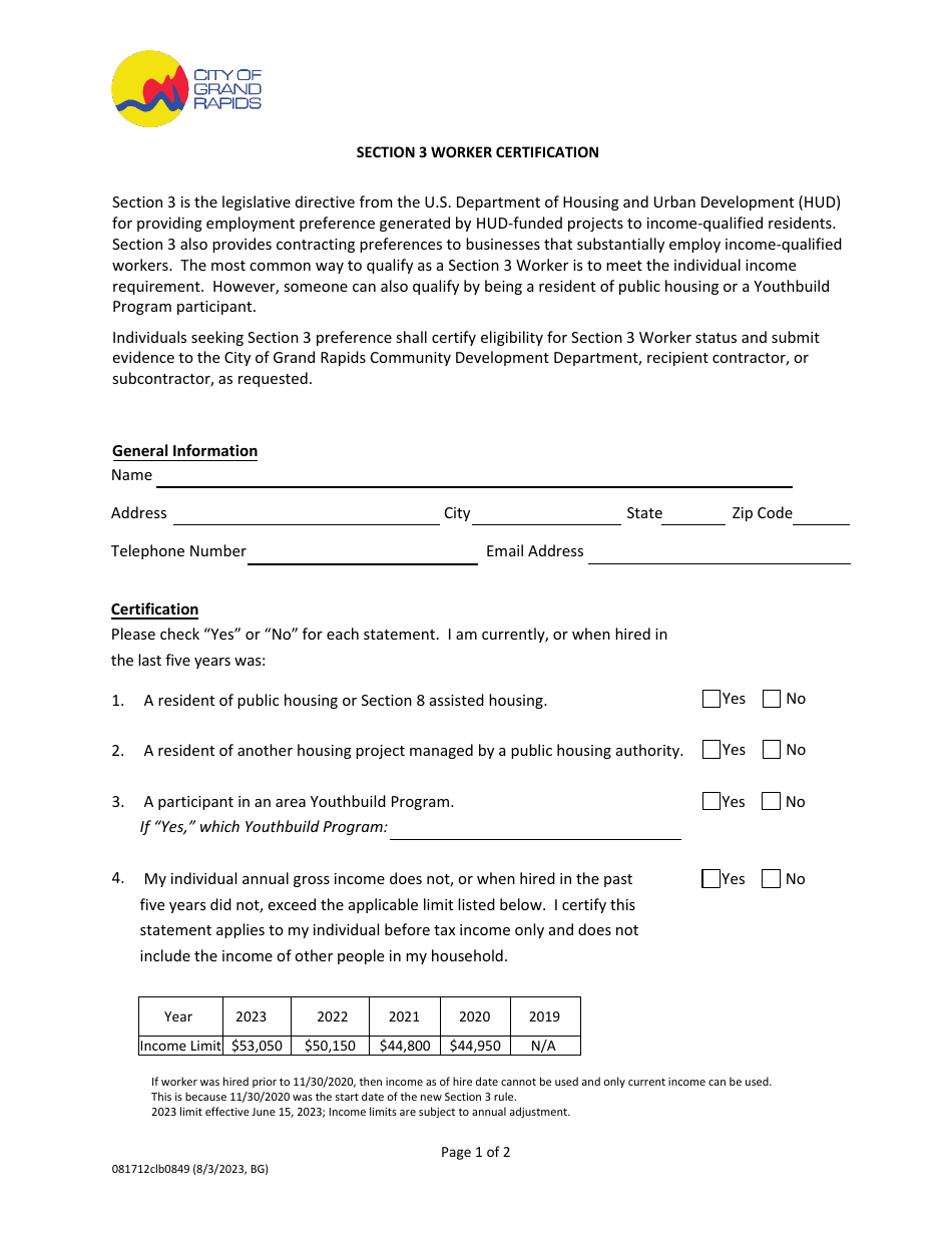 Section 3 Worker Certification - City of Grand Rapids, Michigan, Page 1
