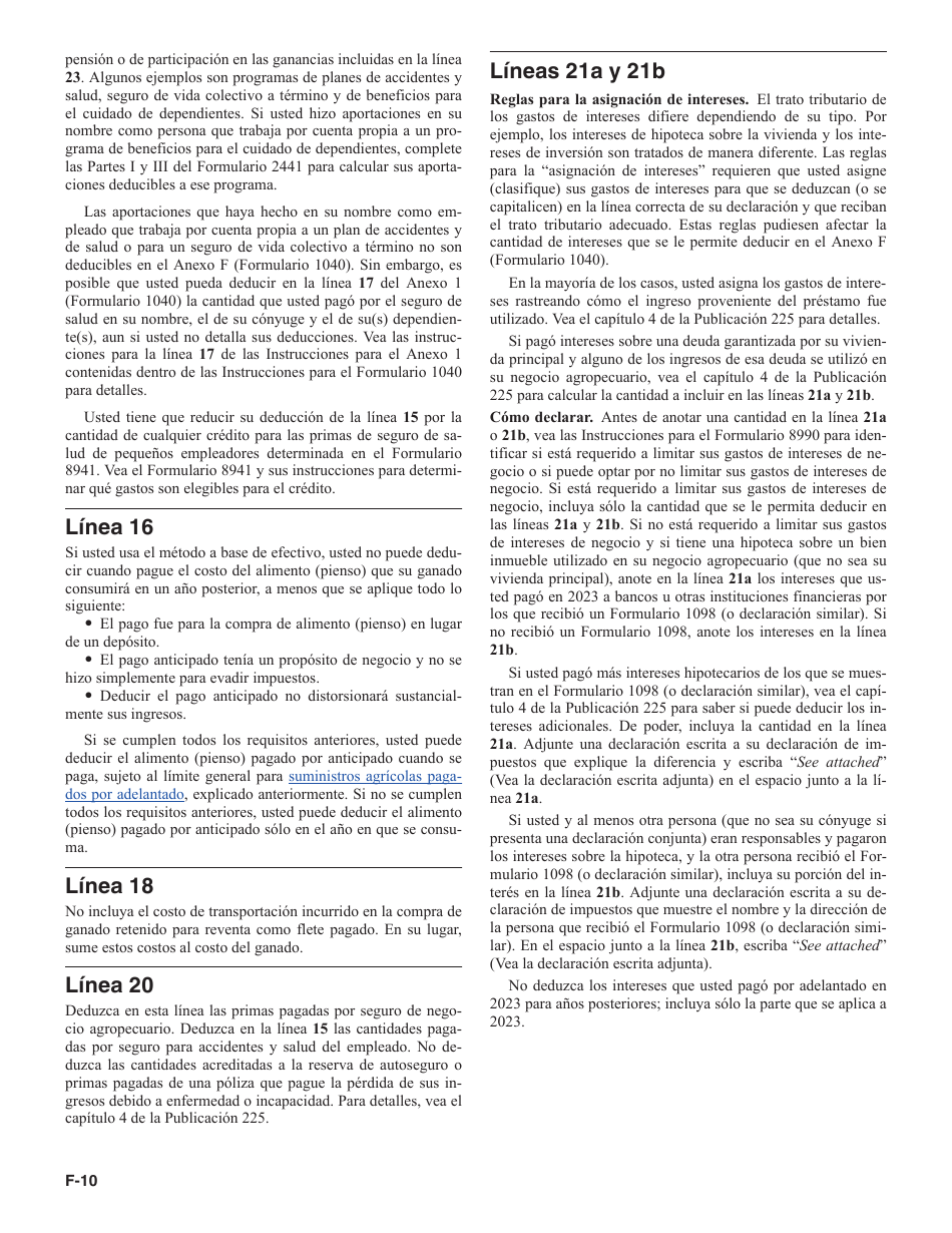 Instrucciones para IRS Formulario 1040 (SP) Anexo F Ganancias O Perdidas De Negocio Agropecuario (Spanish), Page 10