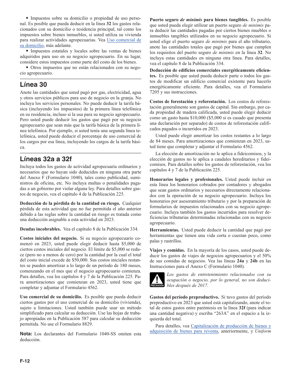 Instrucciones para IRS Formulario 1040 (SP) Anexo F Ganancias O Perdidas De Negocio Agropecuario (Spanish), Page 12
