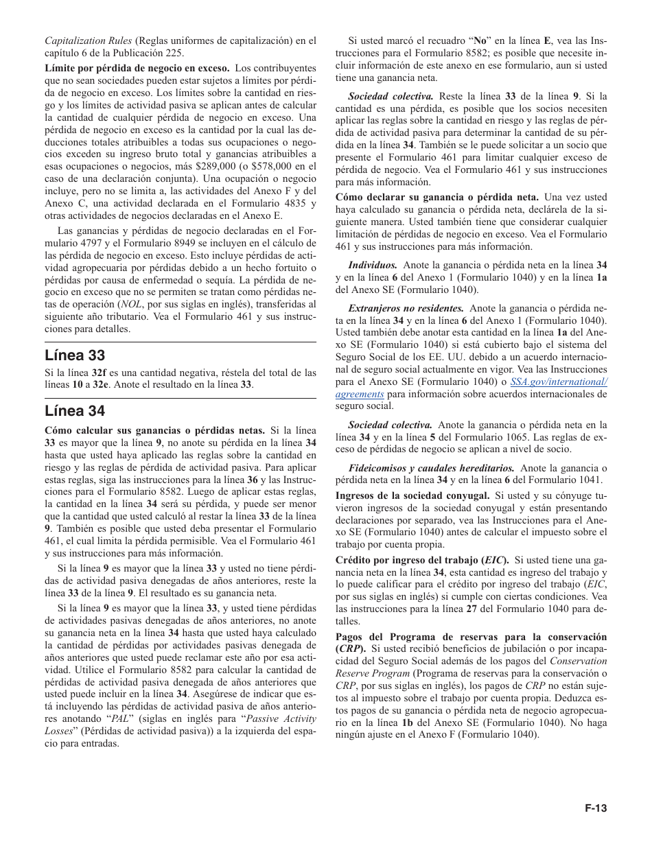 Instrucciones para IRS Formulario 1040 (SP) Anexo F Ganancias O Perdidas De Negocio Agropecuario (Spanish), Page 13