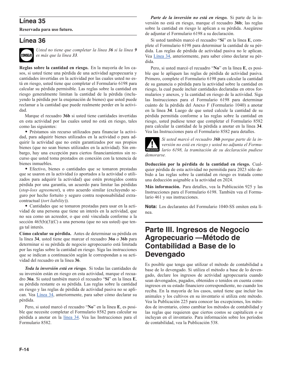 Instrucciones para IRS Formulario 1040 (SP) Anexo F Ganancias O Perdidas De Negocio Agropecuario (Spanish), Page 14