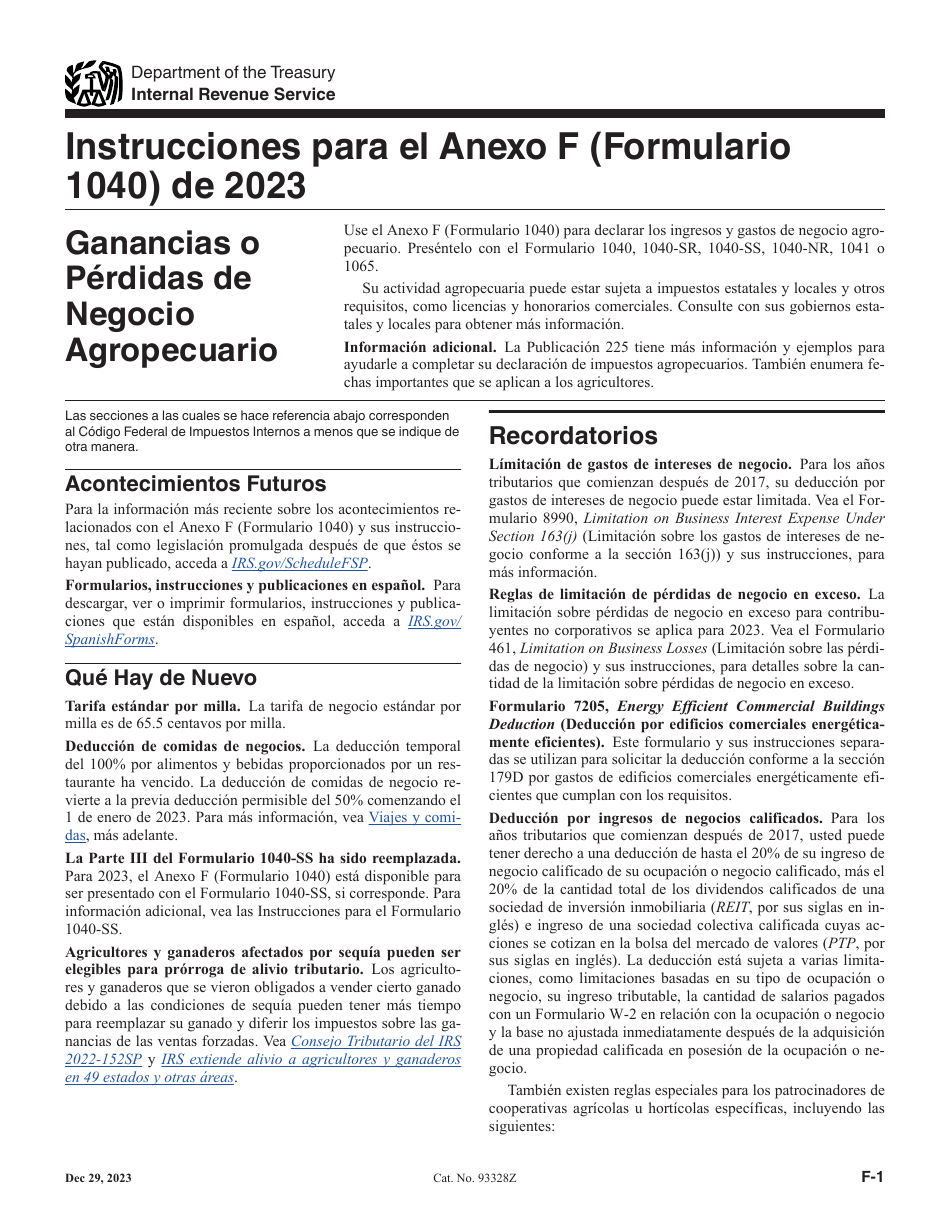 Instrucciones para IRS Formulario 1040 (SP) Anexo F Ganancias O Perdidas De Negocio Agropecuario (Spanish), Page 1