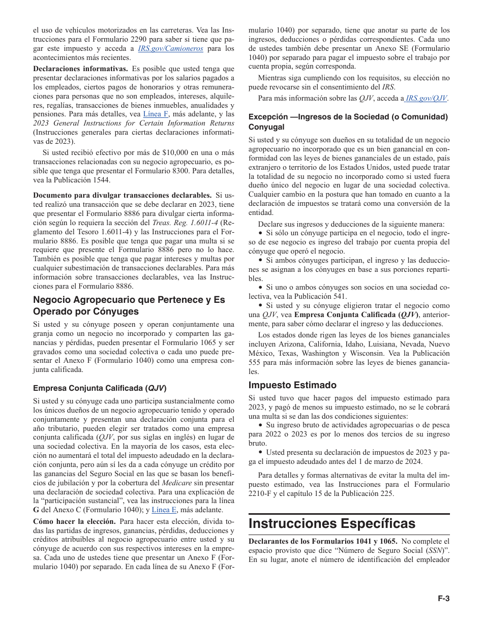 Instrucciones para IRS Formulario 1040 (SP) Anexo F Ganancias O Perdidas De Negocio Agropecuario (Spanish), Page 3