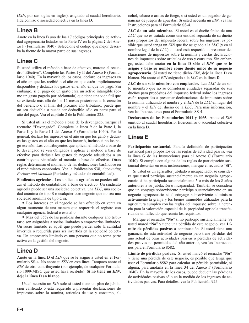 Instrucciones para IRS Formulario 1040 (SP) Anexo F Ganancias O Perdidas De Negocio Agropecuario (Spanish), Page 4