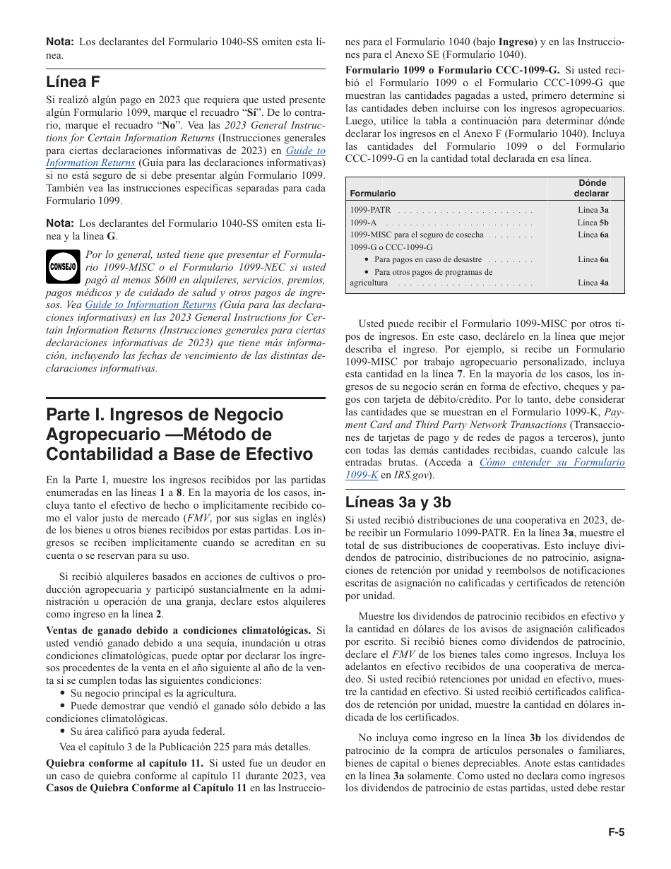 Instrucciones para IRS Formulario 1040 (SP) Anexo F Ganancias O Perdidas De Negocio Agropecuario (Spanish), Page 5