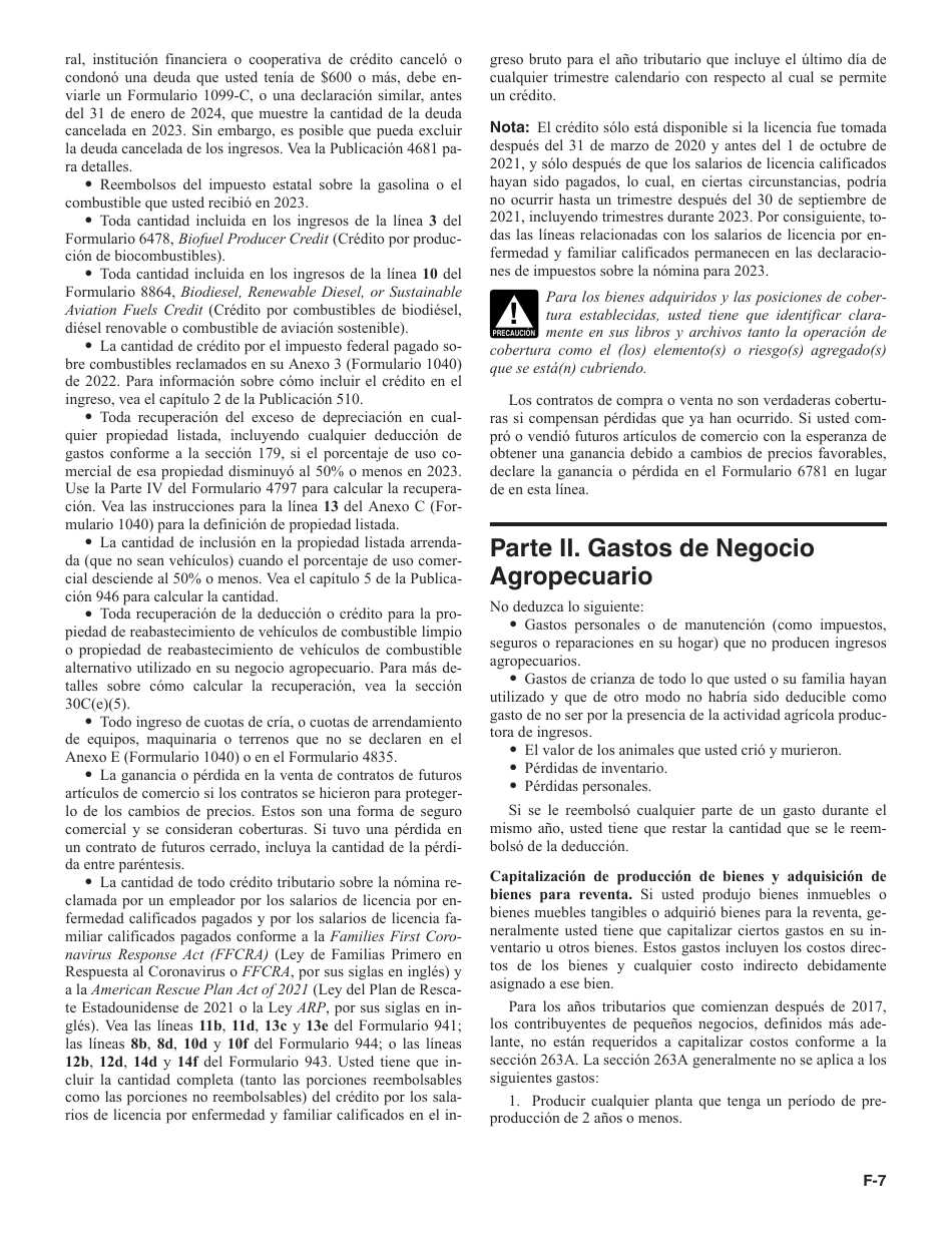 Instrucciones para IRS Formulario 1040 (SP) Anexo F Ganancias O Perdidas De Negocio Agropecuario (Spanish), Page 7