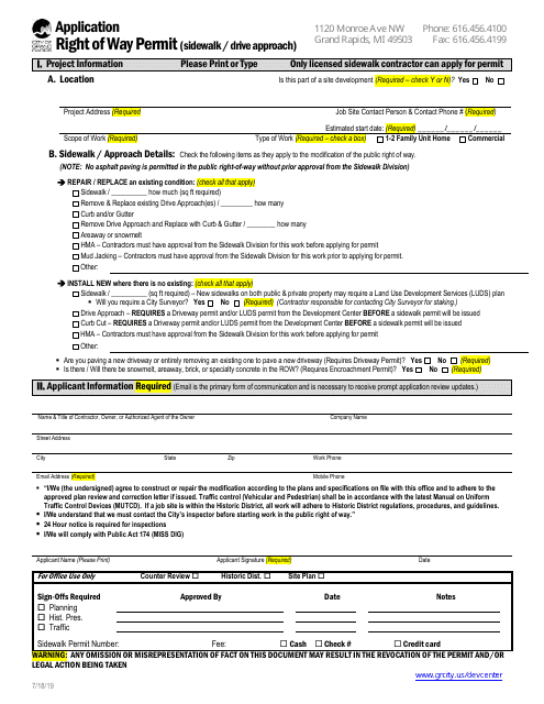 Application for Right of Way Permit (Sidewalk / Drive Approach) - City of Grand Rapids, Michigan Download Pdf