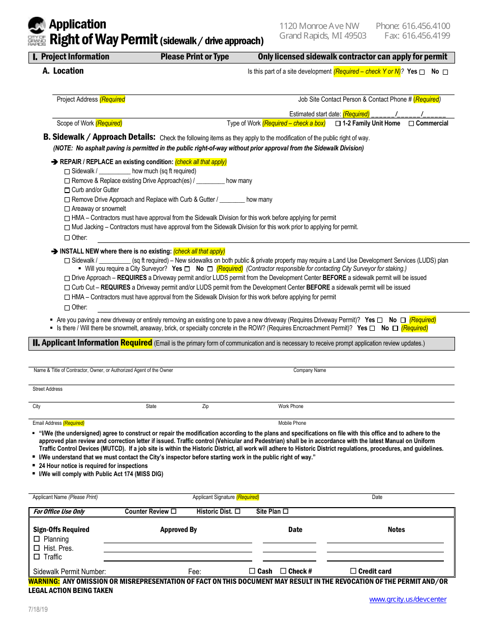 City of Grand Rapids, Michigan Application for Right of Way Permit