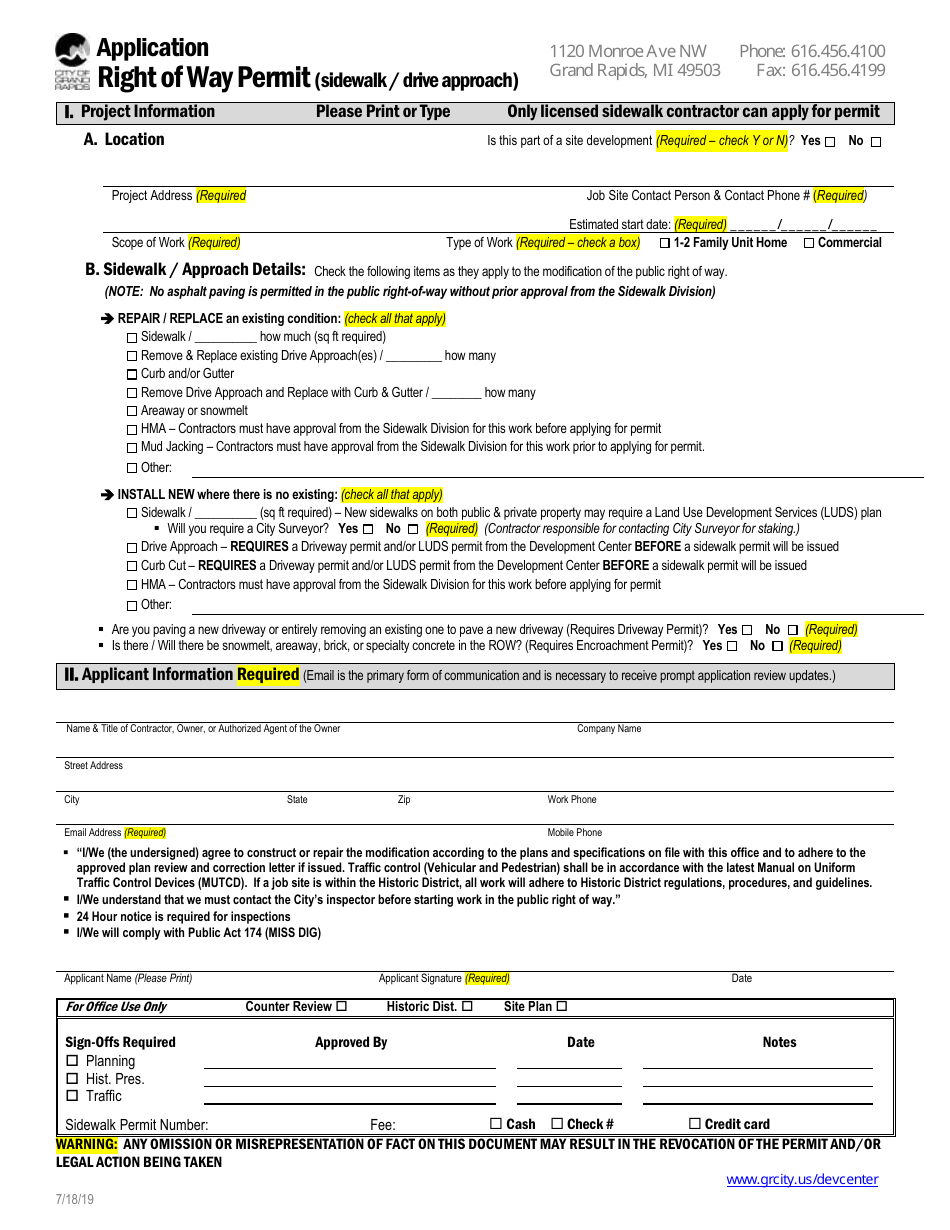 Application for Right of Way Permit (Sidewalk / Drive Approach) - City of Grand Rapids, Michigan, Page 1