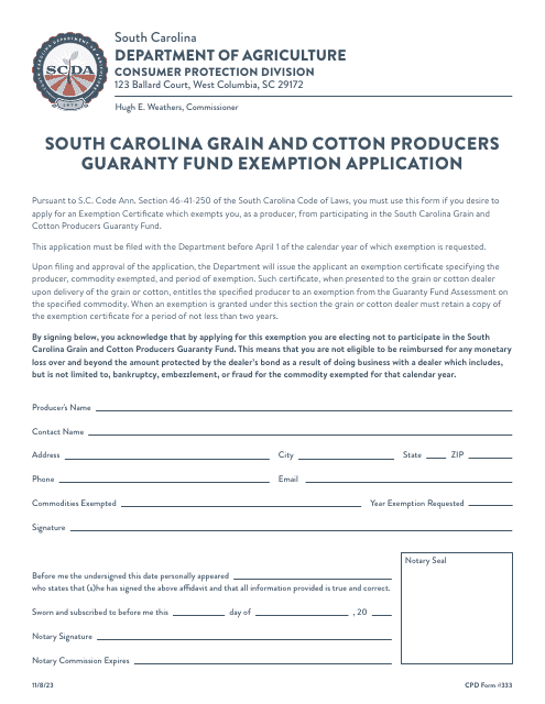 CPD Form 333 South Carolina Grain and Cotton Producers Guaranty Fund Exemption Application - South Carolina