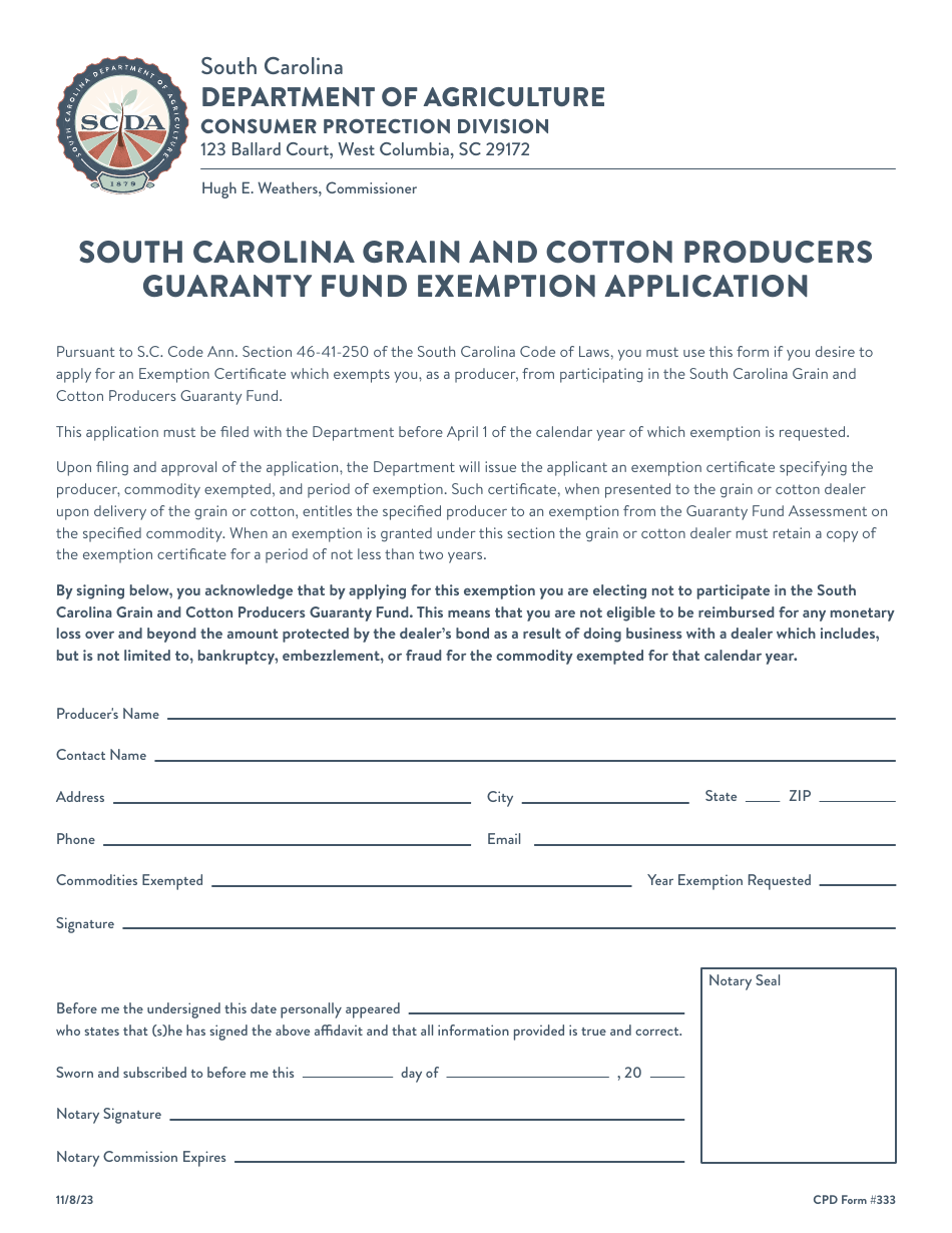 CPD Form 333 South Carolina Grain and Cotton Producers Guaranty Fund Exemption Application - South Carolina, Page 1
