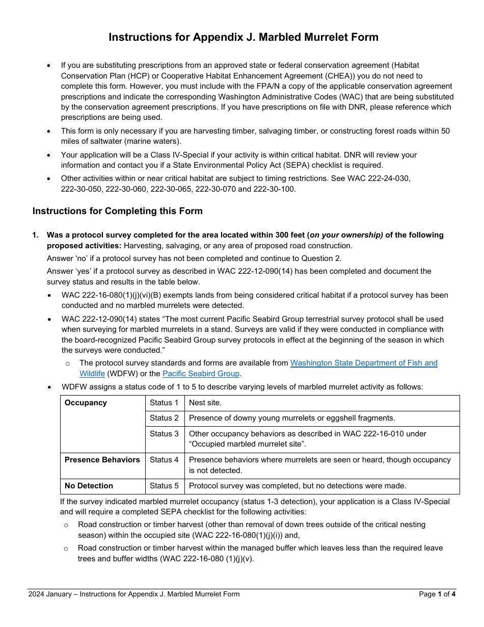 Instructions for Appendix J Marbled Murrelet Form - Washington, Page 1