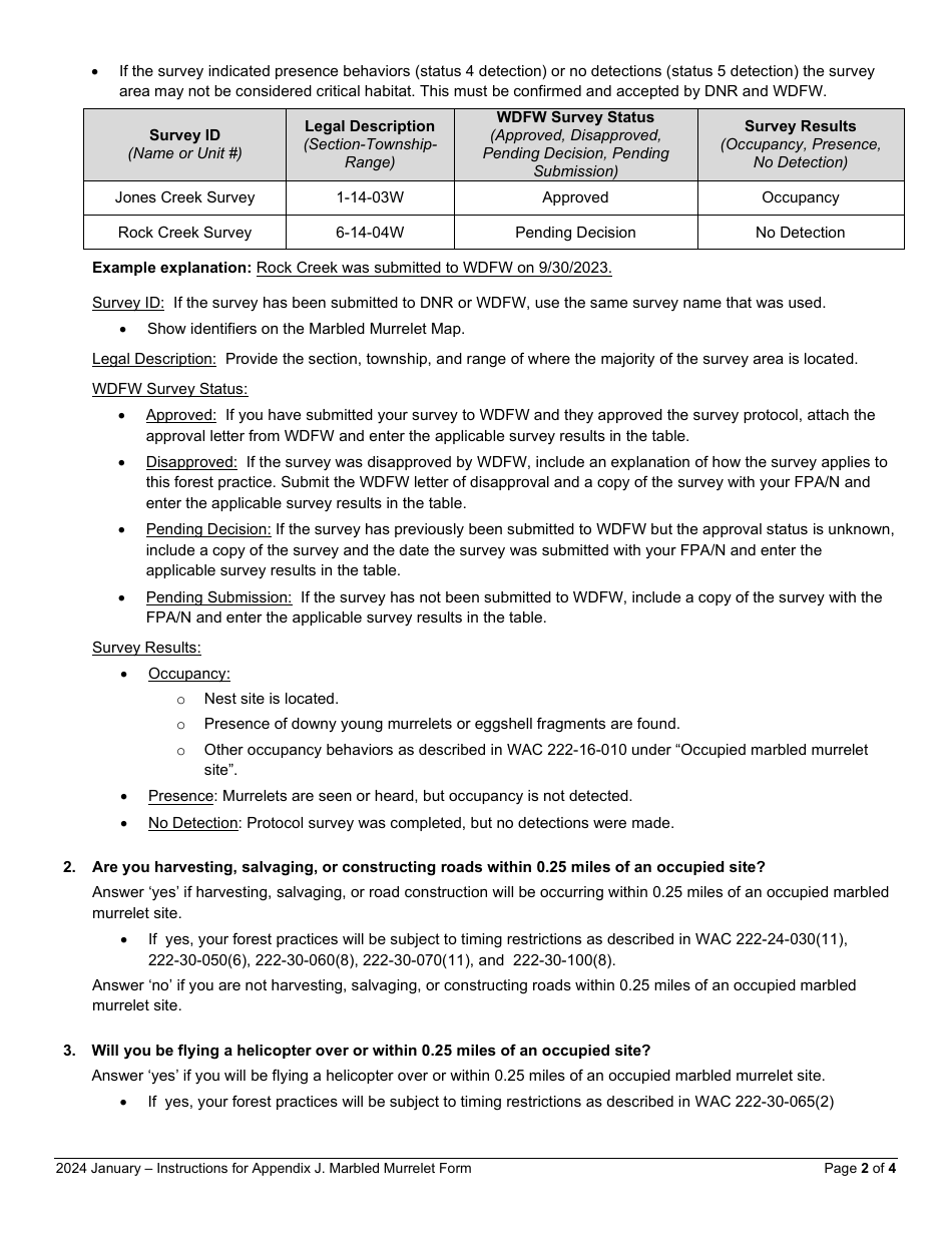 Instructions for Appendix J Marbled Murrelet Form - Washington, Page 2