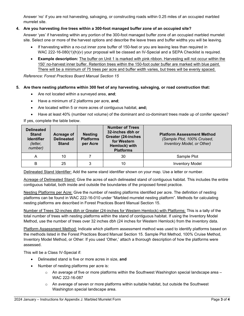 Instructions for Appendix J Marbled Murrelet Form - Washington, Page 3