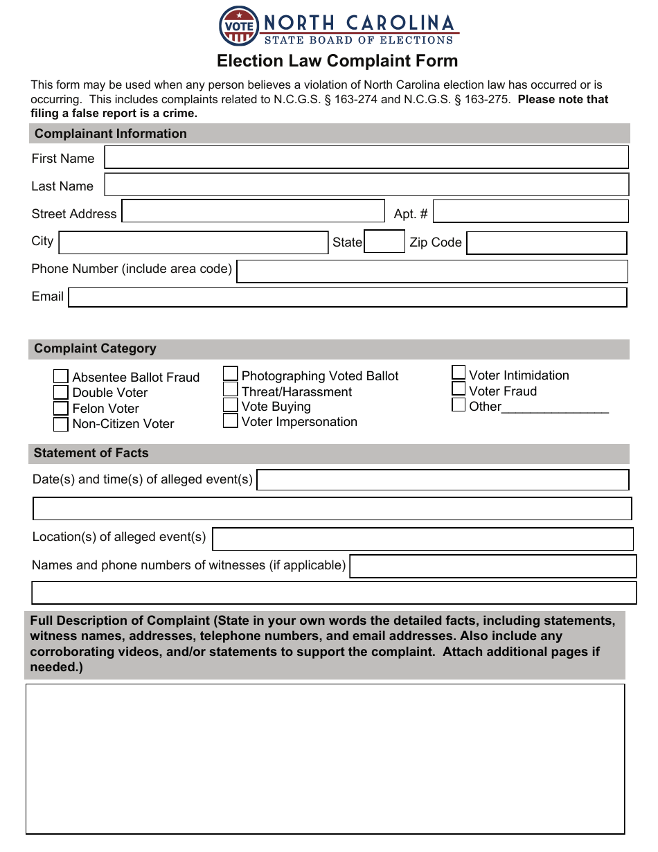 Election Law Complaint Form - North Carolina, Page 1