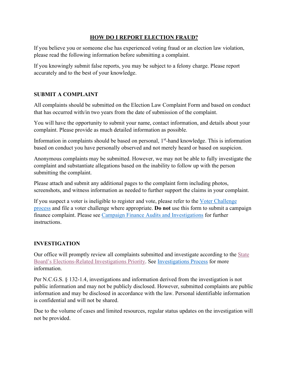 Election Law Complaint Form - North Carolina, Page 3