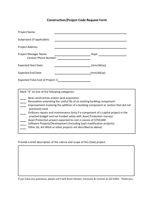 Construction / Project Code Request Form - Rhode Island Download Pdf