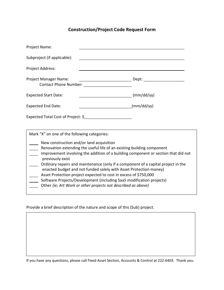 Construction / Project Code Request Form - Rhode Island, Page 1