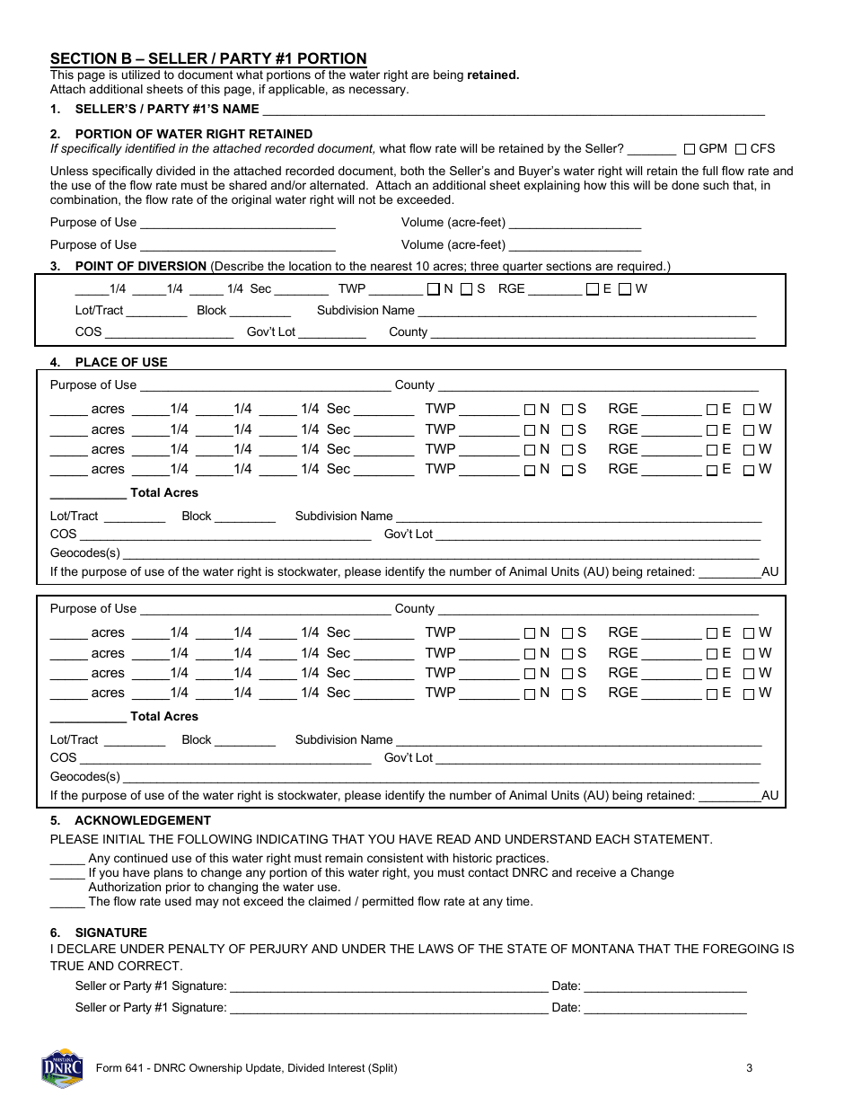 Form 641 Dnrc Ownership Update, Divided Interest (Split) - Montana, Page 3