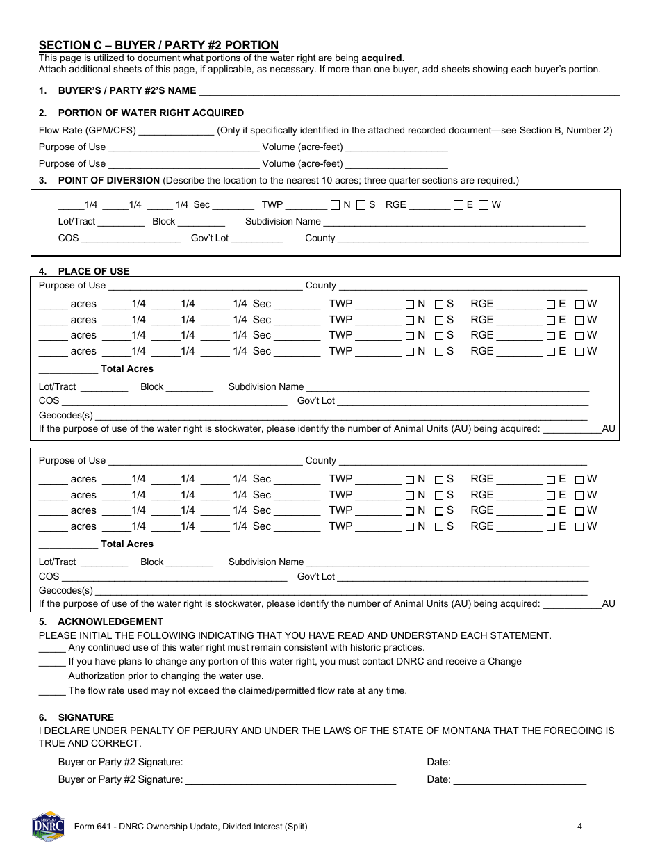 Form 641 Dnrc Ownership Update, Divided Interest (Split) - Montana, Page 4