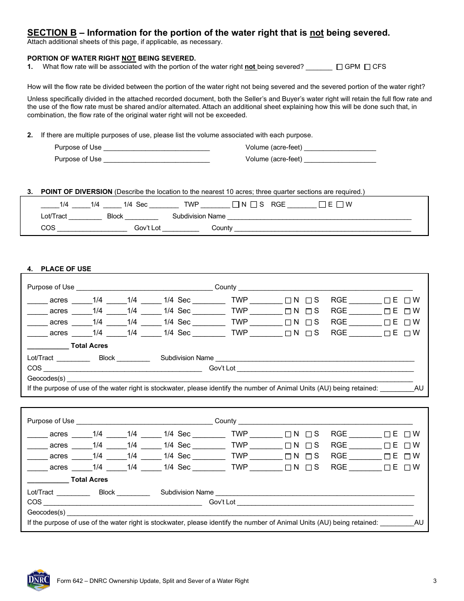 Form 642 Dnrc Ownership Update, Split and Sever of a Water Right - Montana, Page 3