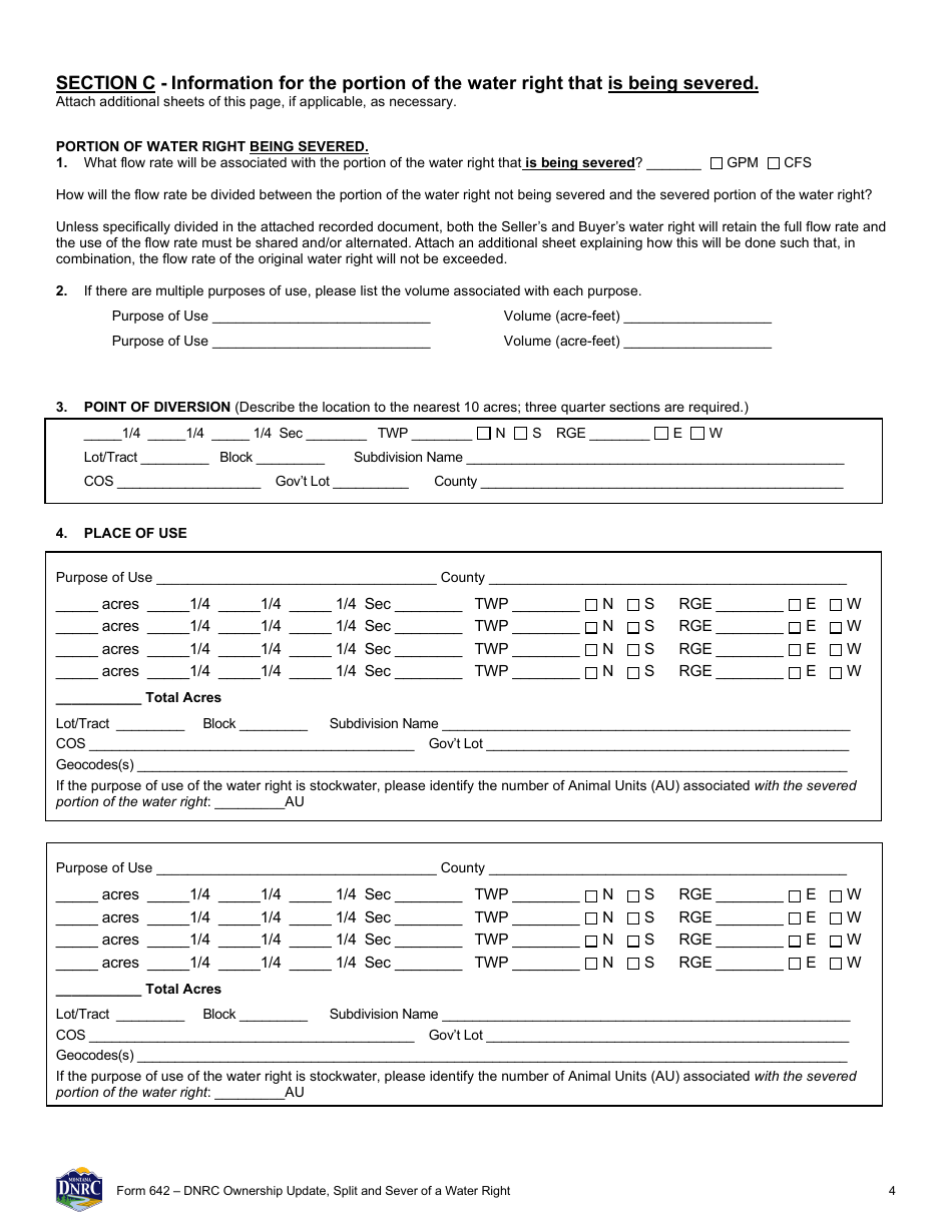 Form 642 Dnrc Ownership Update, Split and Sever of a Water Right - Montana, Page 4