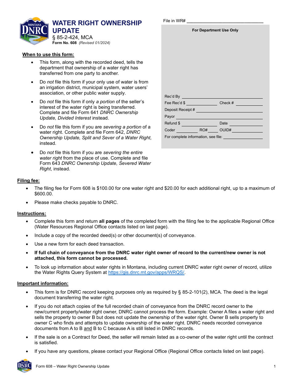 Form 608 Water Right Ownership Update - Montana, Page 1