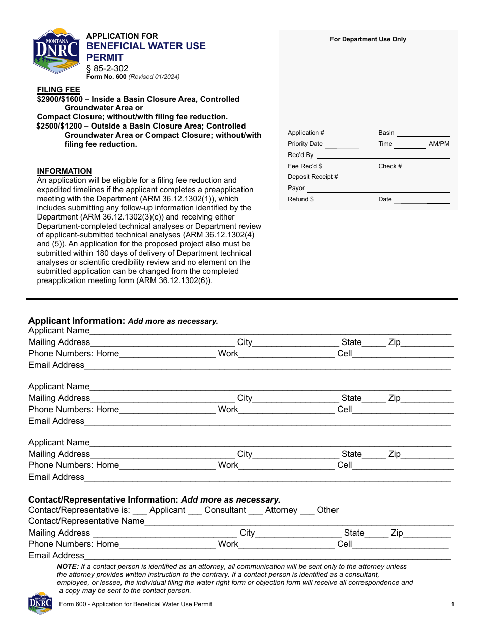 Form 600 Application for Beneficial Water Use Permit - Montana, Page 1