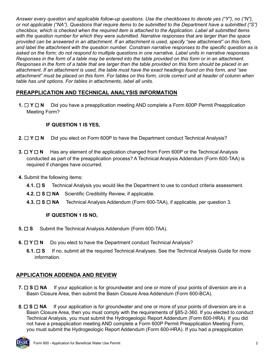 Form 600 Application for Beneficial Water Use Permit - Montana, Page 2