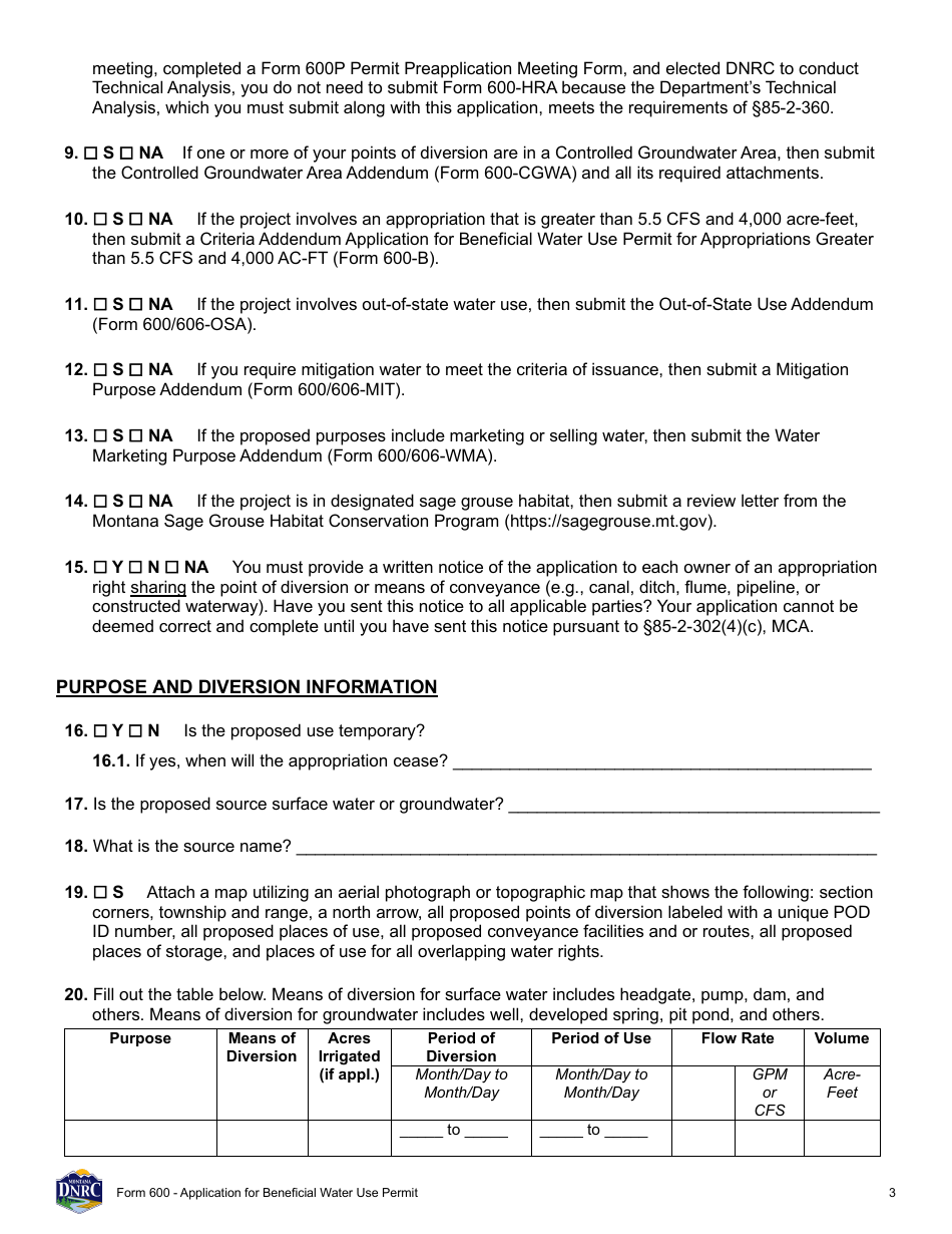 Form 600 Application for Beneficial Water Use Permit - Montana, Page 3