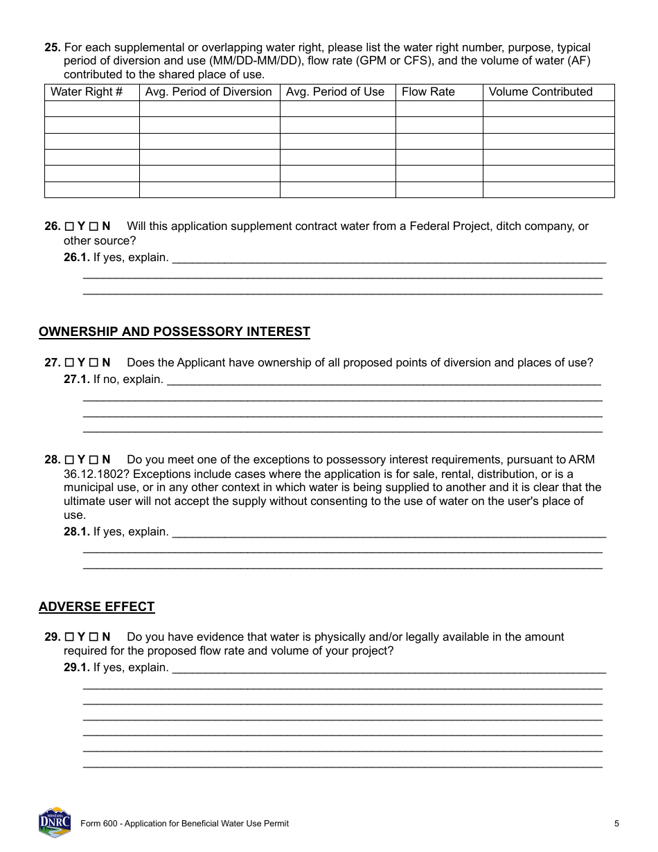 Form 600 Application for Beneficial Water Use Permit - Montana, Page 5