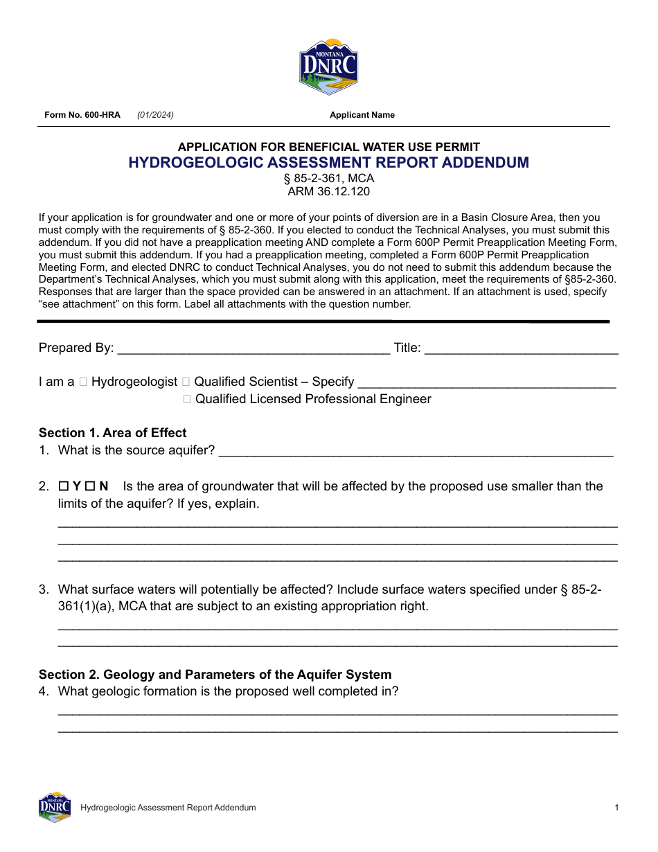 Form 600-HRA Application for Beneficial Water Use Permit - Hydrogeologic Assessment Report Addendum - Montana, Page 1