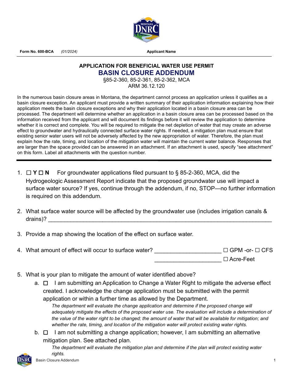 Form 600-BCA Application for Beneficial Water Use Permit - Basin Closure Addendum - Montana, Page 1