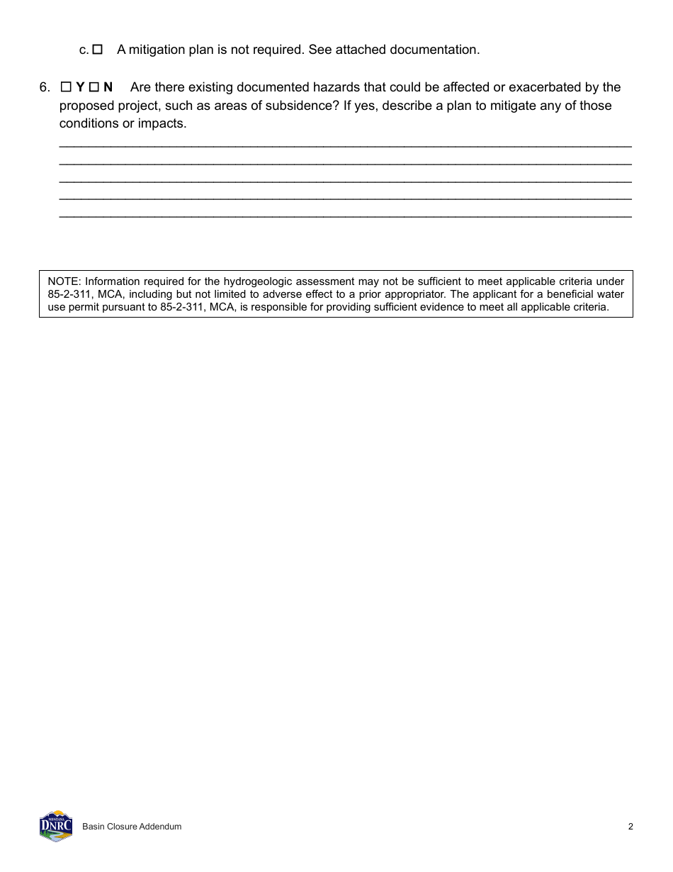 Form 600-BCA Application for Beneficial Water Use Permit - Basin Closure Addendum - Montana, Page 2