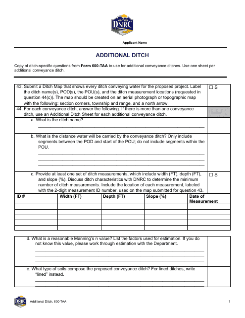 Form 600-TAA Additional Ditch Sheet - Montana